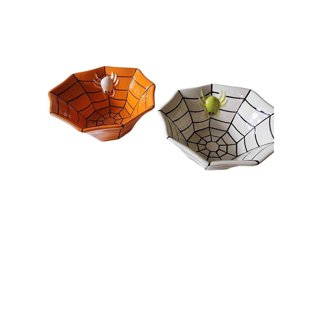 LUCERNE Orange and White HALLOWEEN Spider Web Candy Dishes - set of 2